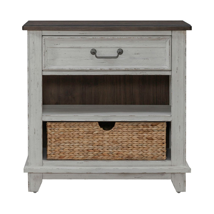 River Place Bedside Chest with Charging Station in Riverstone White and Tobacco
